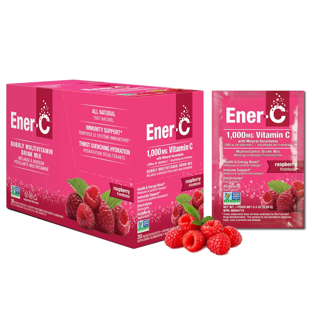 Ener-C Raspberry Multivitamin Drink Mix Poudre Vitamine C 1000mg & Electrolytes avec Jus de Fruit Réel Énergie Naturelle & Immune Support pour les Femmes & Hommes - Non-OGM Vegan & Gluten Free - 30 Compte