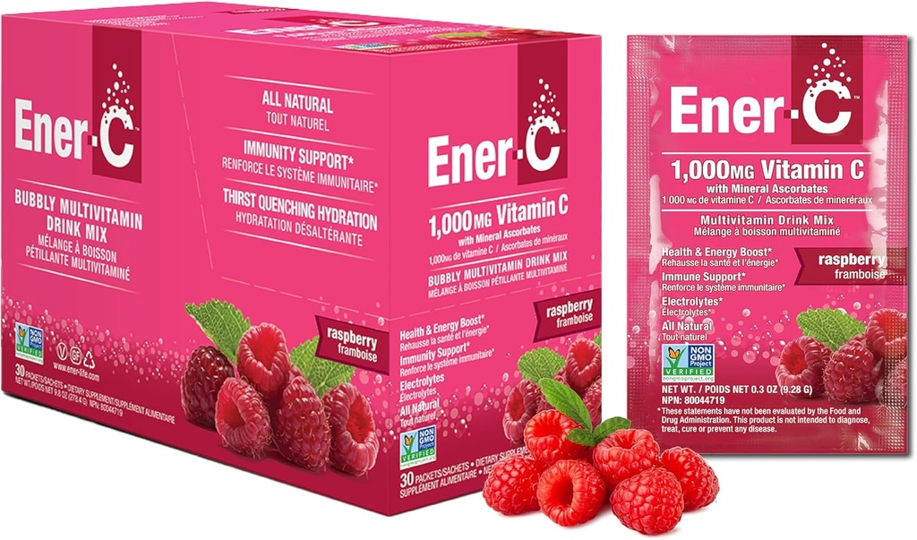 Ener-C Raspberry Multivitamin Drink Mix Poudre Vitamine C 1000mg & Electrolytes avec Jus de Fruit Réel Énergie Naturelle & Immune Support pour les Femmes & Hommes - Non-OGM Vegan & Gluten Free - 30 Compte