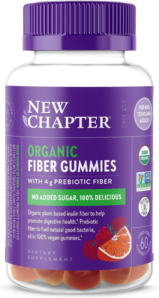 Nouveau chapitre Gommies de fibre biologique pour adultes et enfants (Âge 4+), fibre prébiotique végétale pour la santé digestive, végétalien, non-OGM, USDA biologique, sans gluten, aromatisé aux agrumes-Berry, 60 ct