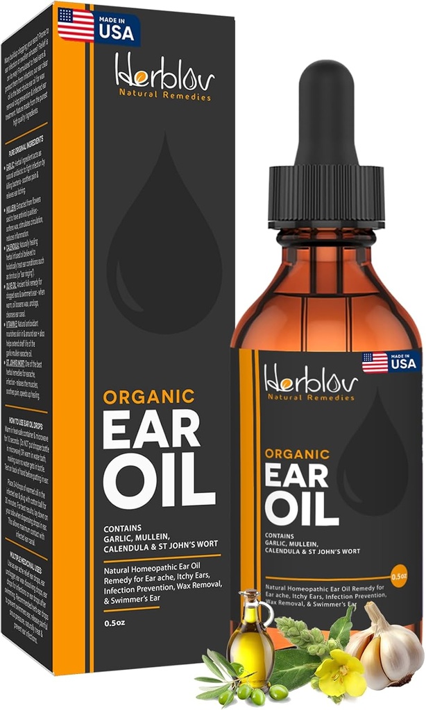 Huile d'oreille biologique pour les infections de l'oreille - Earrops naturels pour la prévention des infections, l'enlèvement de l'oreille et de la cire de Swimmer - Enfants, Adultes, Bébé, Dog Earache Remède - avec Mullein, Ail, Calendula, Fabriqué aux États-Unis