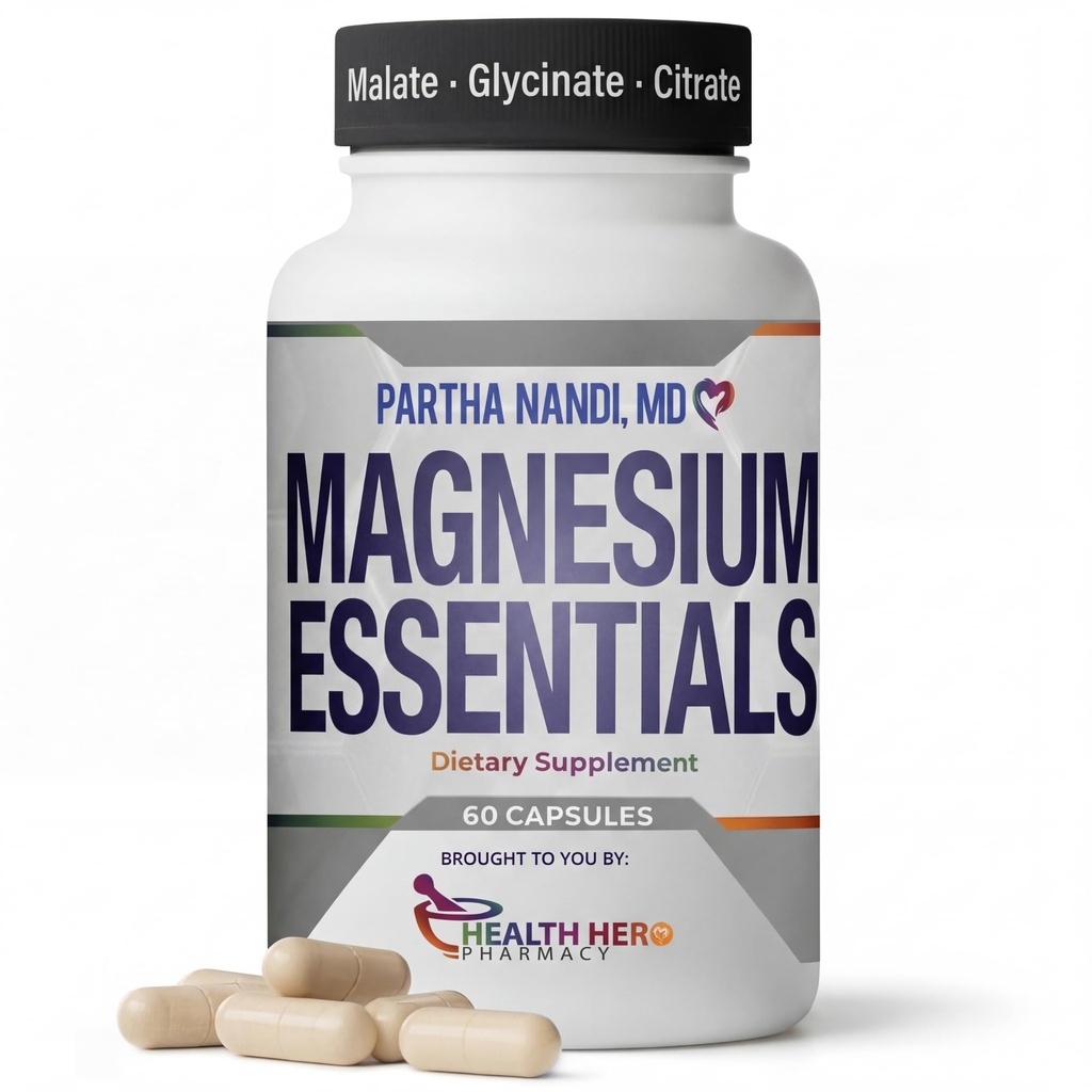 Supplément triple complexe de magnésium du Dr Nandi – Citrate de magnésium, malate et glycinate – Soutient le sommeil, le stress, les muscles, le nerf et la santé cardiaque – Formule d'absorption élevée – 235MG – 60 capsules
