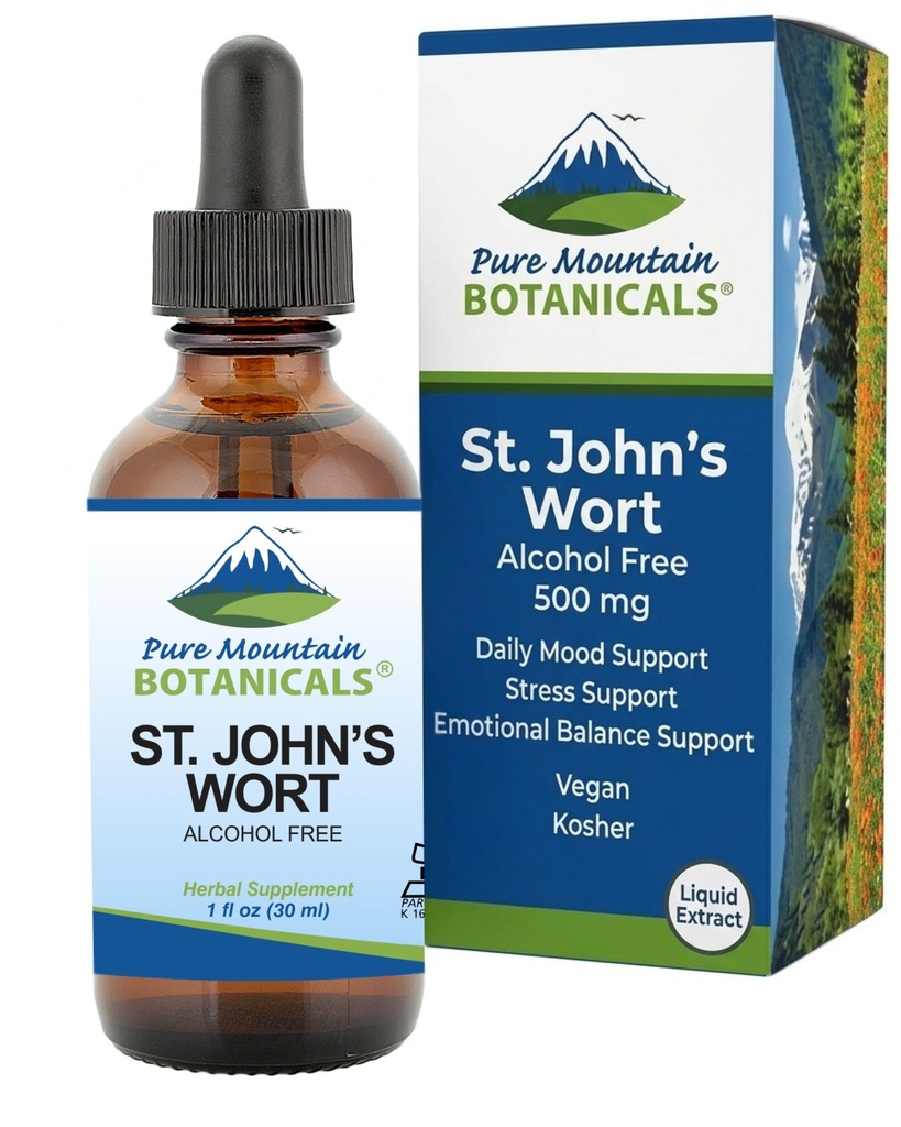 Pure Mountain Botanicals St Johns Teinture de millepertuis – Casher liquide St. Johns Wort Extrait sans alcool 500mg Supplément végétalien