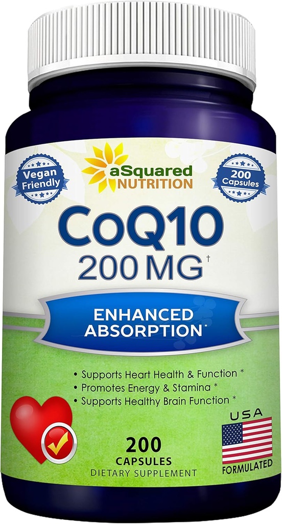 aSquared Nutrition CoQ10 (200 capsules et 200mg) - Haute absorption Vegan CO Q-10 Poudre - Enzyme Ubiquinone Supplément pilules, Coenzyme extra-oxydante Q10 Vitamine, Coq 10 Alernative aux softgels