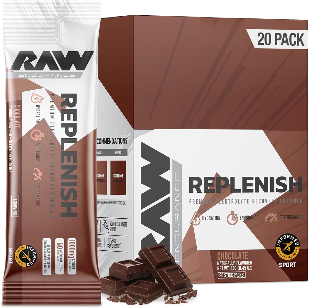 RAW Replenis Packets, Formule de récupération de poudre d'électrolytes Premium, Chocolat (20 Stick Packs) - Mélange de boisson d'électrolyte aromatisé pour l'hydratation, la reconstitution, l'endurance et les entraînements de performance