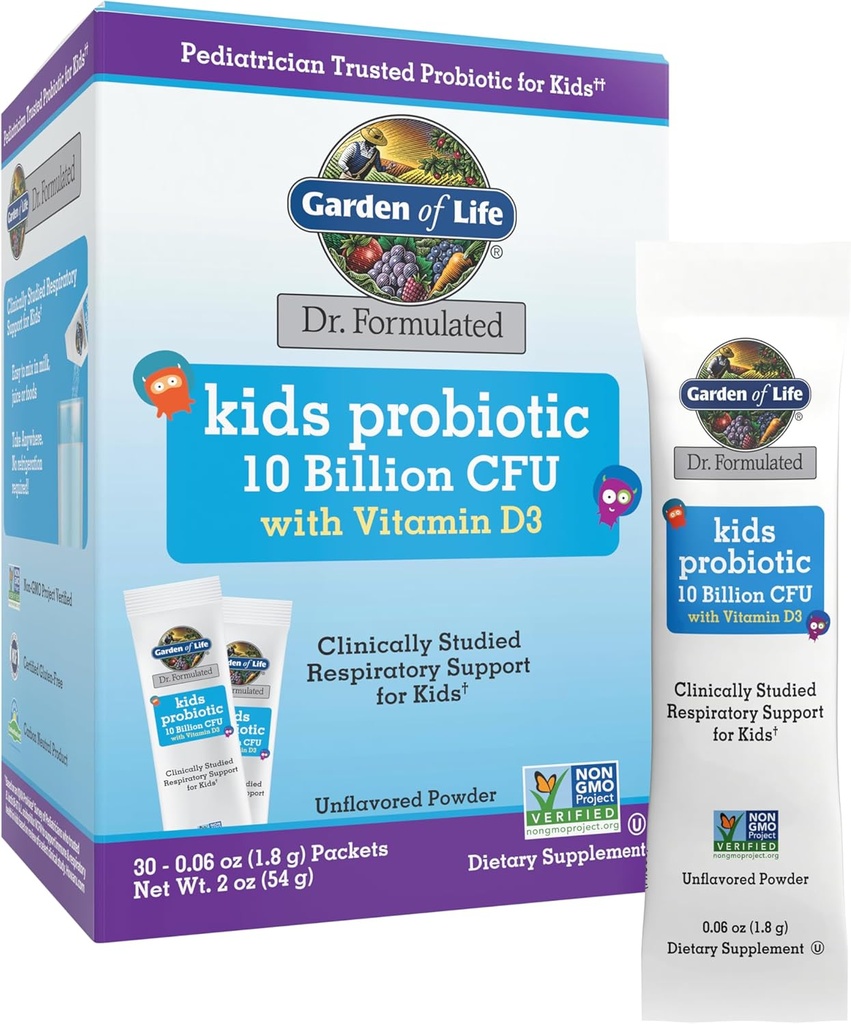 Jardin de la vie Dr. Formulé enfant' 10 Million CFU Probiotique Stick Pack avec D3 – soutient les os, les dents et la fonction immunitaire, poudre non aromatisée, 30ct Carton