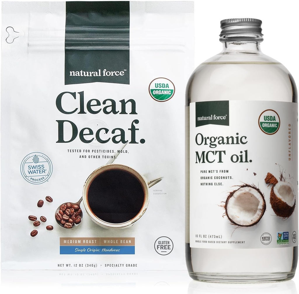 Café Decaf Bio Clean Force + Mélange d'huile MCT bio – 100% de noix de coco pures MCT et sans moisissure et mycotoxine – sans OGM, kéto, paléo et végétalien - 12 Oz et 16 Oz