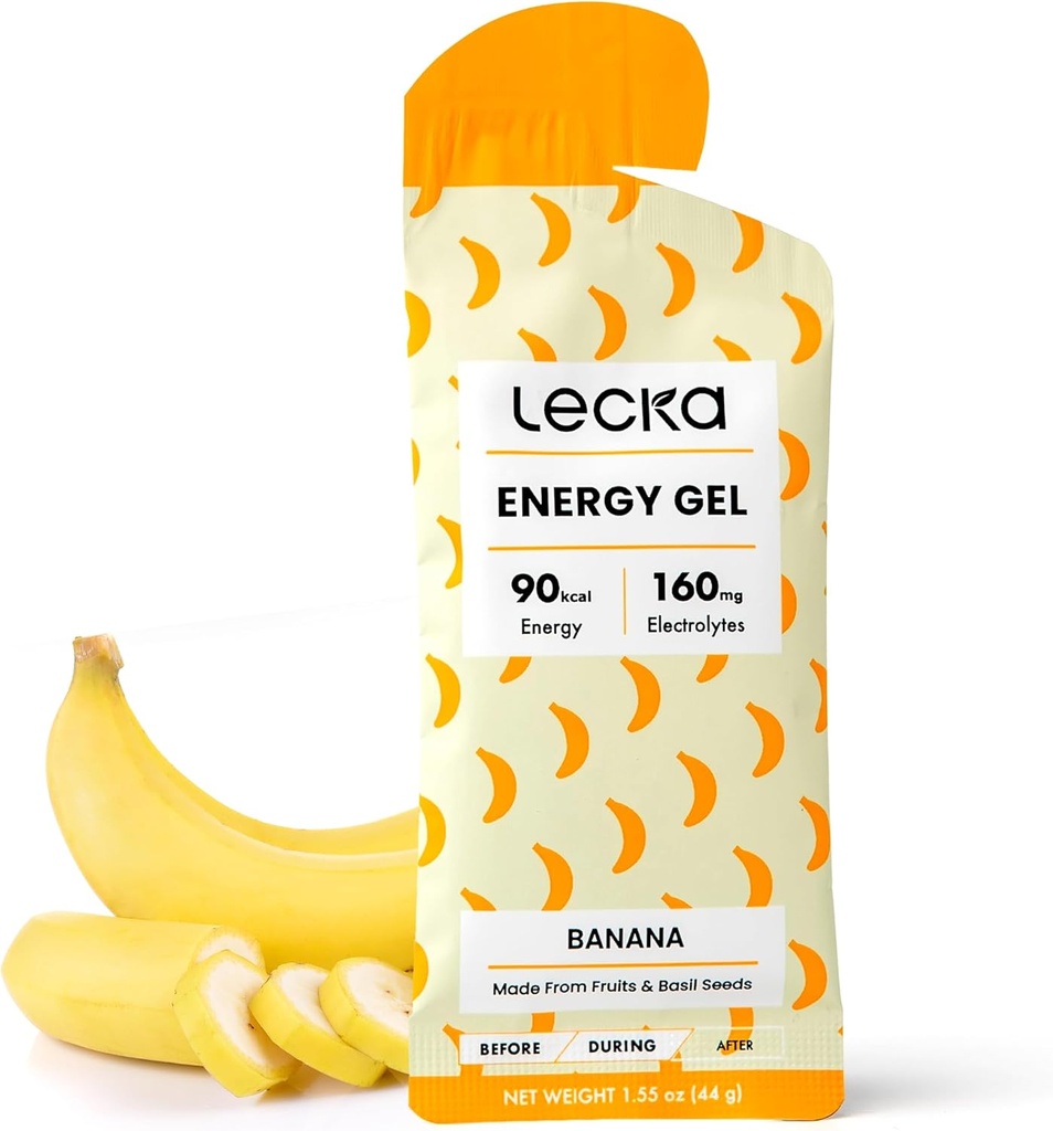 Gel Lecka Energy, 12 gels pour l'exercice d'endurance, fait avec de vrais fruits et graines de basilic, fournit de l'énergie naturelle et électrolytes (12 gels, banane)