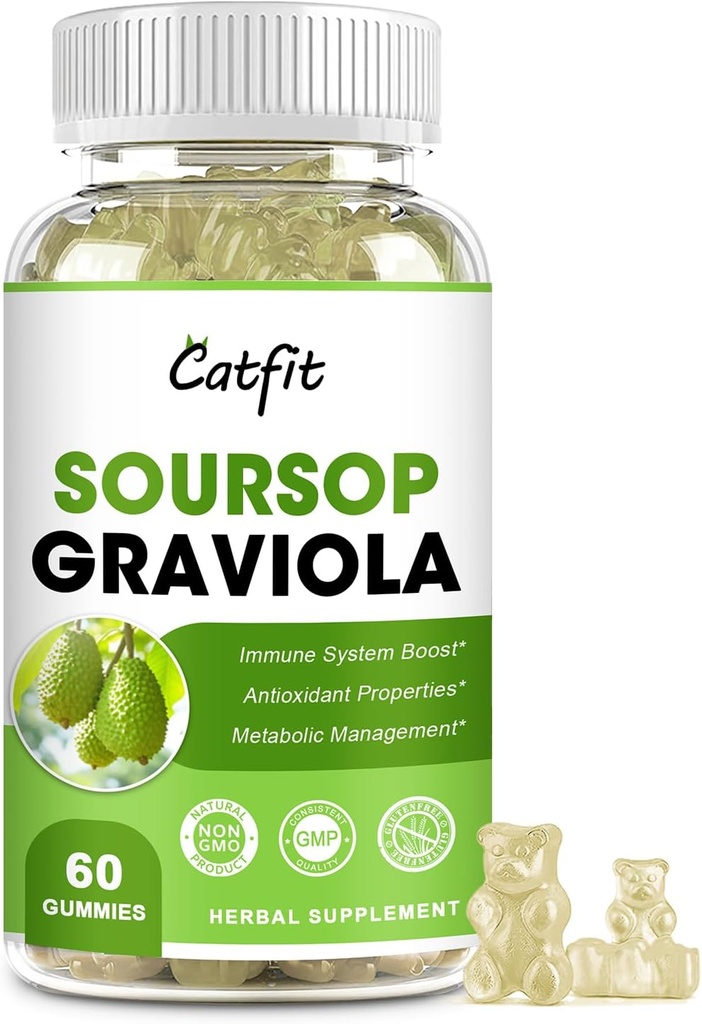 Soursop Graviola Gommies, Feuilles de Soursop Extraire des herbes pour stimuler l'Immune, Antioxydant et soutien sanitaire global, Soursop Fruit, Haute Absorption, Sans gluten, Vegan, 60 Gummies