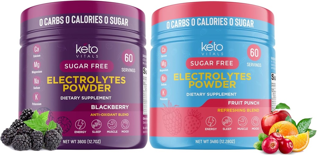 Keto Vitals BlackBerry Bundle with Fruit Punch - 2 Pack Bundle Keto Electrolytes Poudre - Keto-friendly Electrolytes avec Potassium, Magnésium, Sodium, Calcium - BlackBerry & Fruit Punch