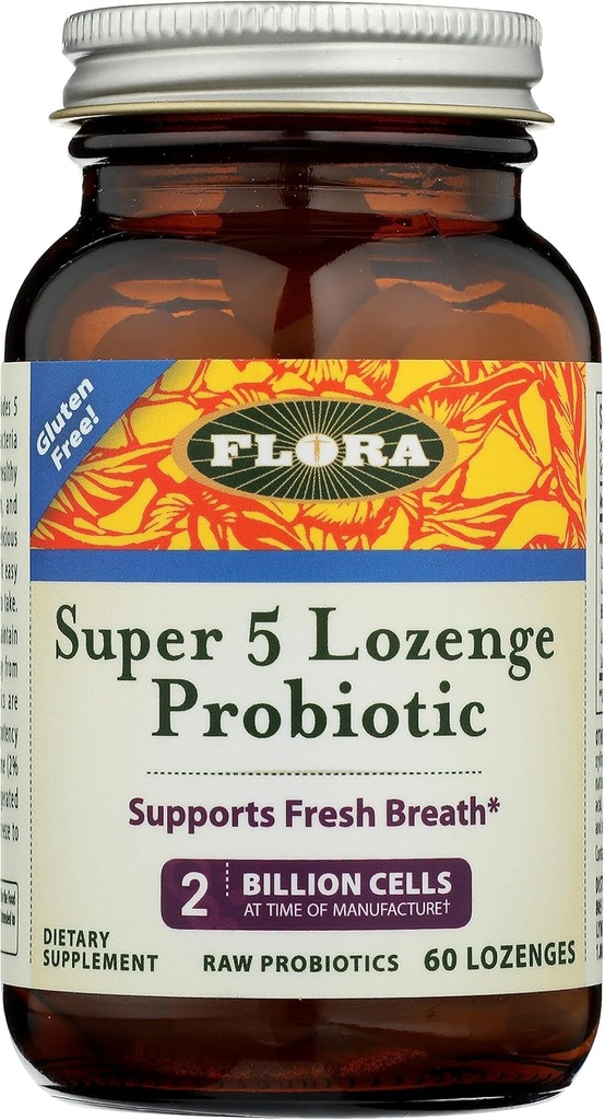 Flora - Super 5 Lozenge Probiotic, Raspberry Flavored Oral Probiotic, Good for Bad Breath, Five Strains with 2 Billion CFU, Regain and Retain Gut Health, RAW, 60 Lozenges