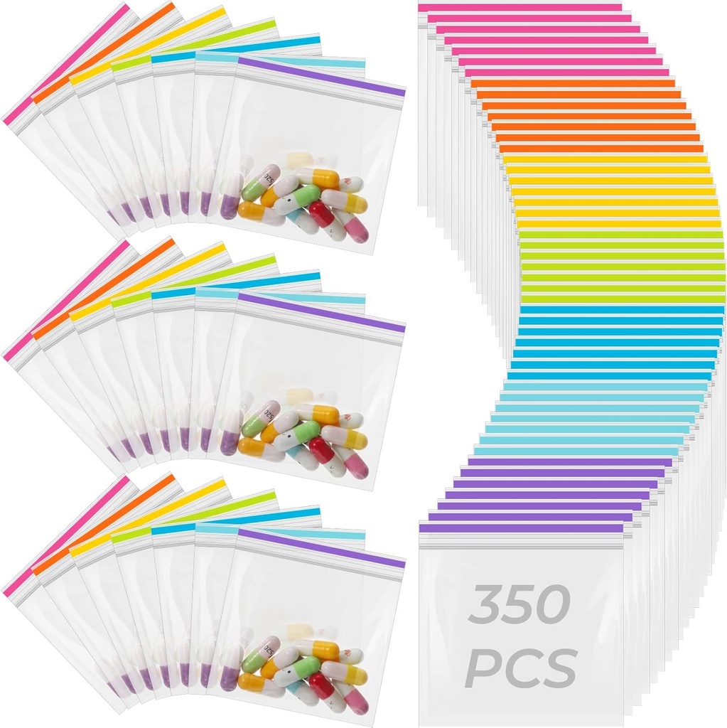 Fulmoon 350 Pcs Bulk Pill Pouch Bags Disposable 7 Colors Zipper Pills Bag Daily Travel Medicine Organizer Storage Pouches Clear Reusable for Small Items Storage(Candy Colors)
