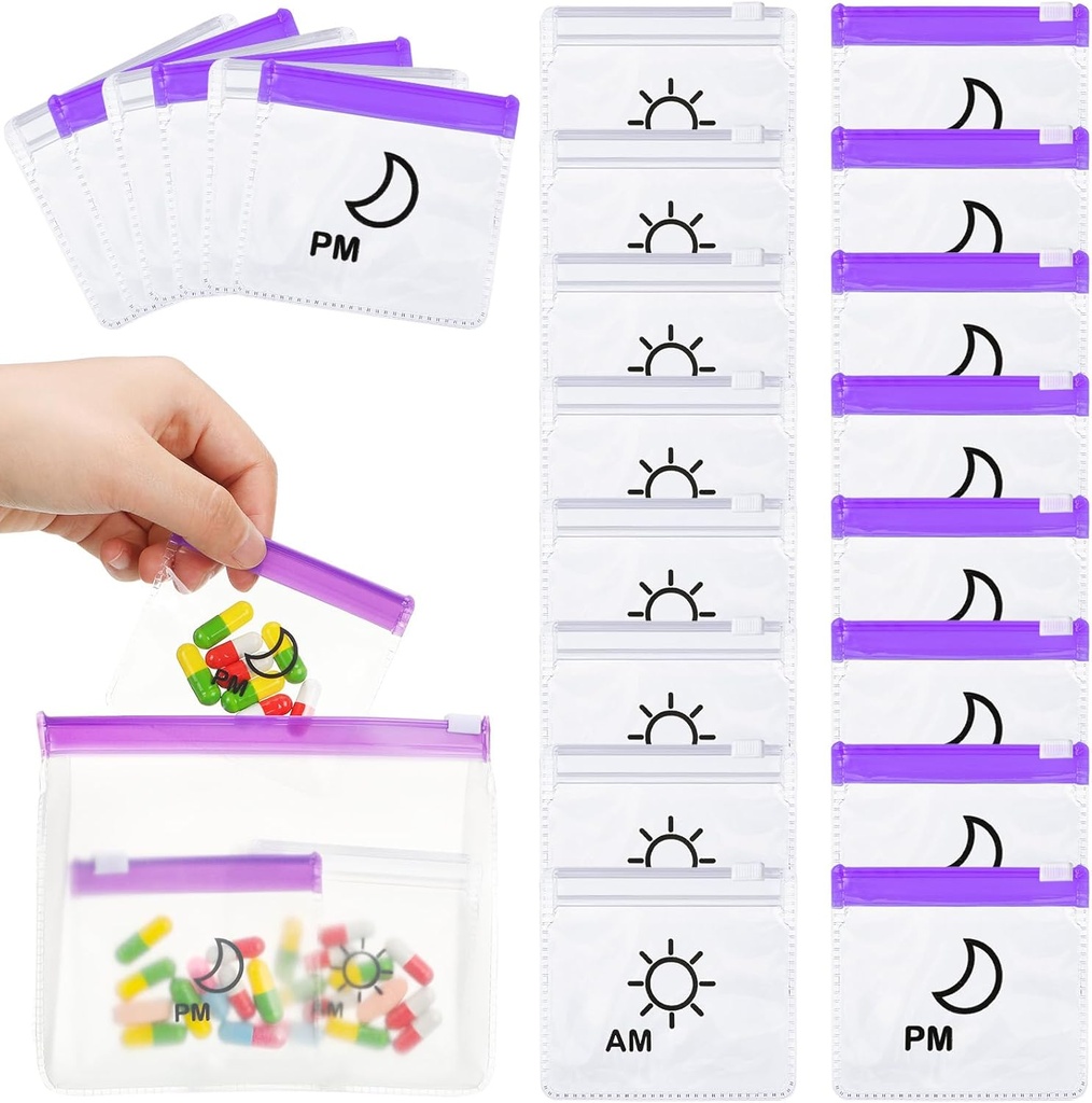 56 Pcs AM PM Pochettes à pilules Sacs de voyage Sacs à pilules Zippered Medicine Organizer Jour et nuit Sac à pilules en plastique réutilisable Sacs à pilules avec fermeture à glissière mensuelle Organisateur 2 fois par jour (Clear, Purple)