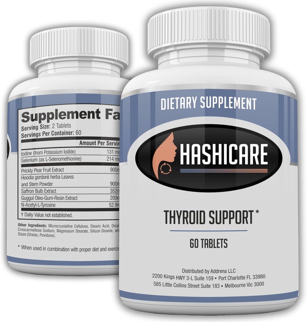 Pilules de Hashicare- Suppléments de soutien naturel à la thyroïde pour les femmes et les hommes boostent le métabolisme avec l'iode, le sélénium, le safran et les comprimés de vitamine Hoodia- 60