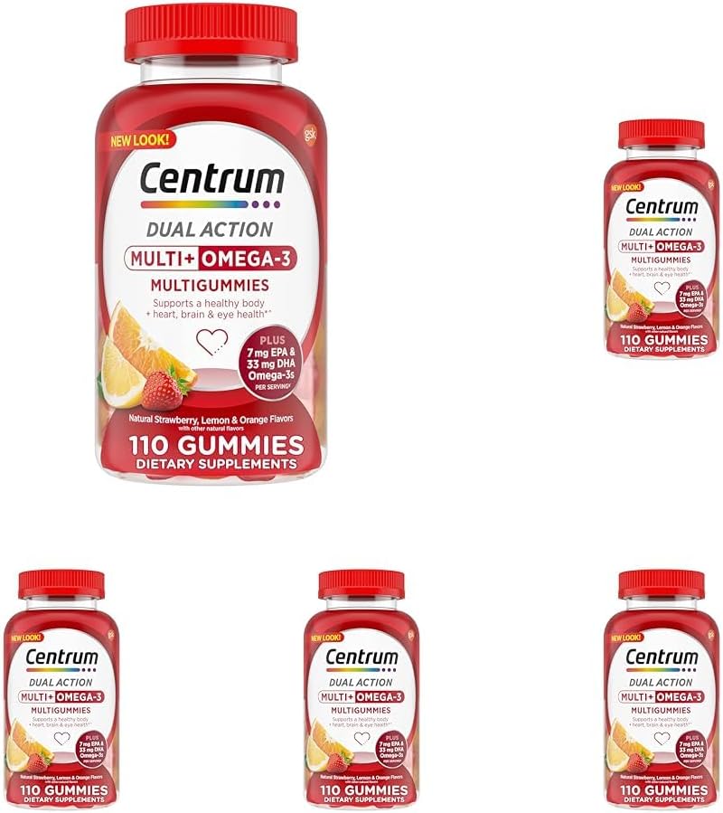 Centrum MultiGummies Multi+ Omega 3 double action, Multivitamine adulte, Multivitamine/multiminérale/Oméga 3 supplément, fraise/lemon/arômes orange - 110 Nombre (paquet de 5)