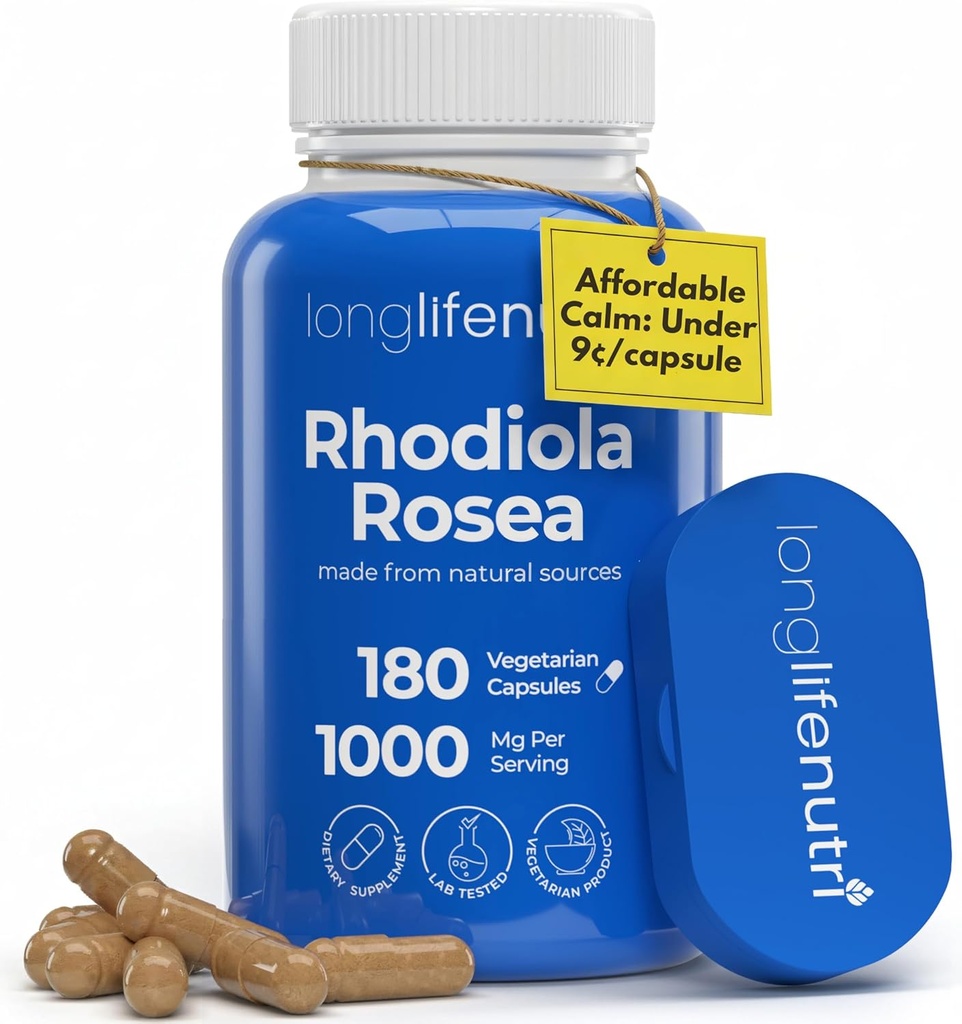 LongLifeNutri Rhodiola Rosea 500mg - 180 Capsules végétariennes pour la santé mentale et physique, non-OGM, approvisionnement de 3 mois, naturellement d'origine et de laboratoire testé, fabriqués aux États-Unis - Supplément de bien-être quotidien