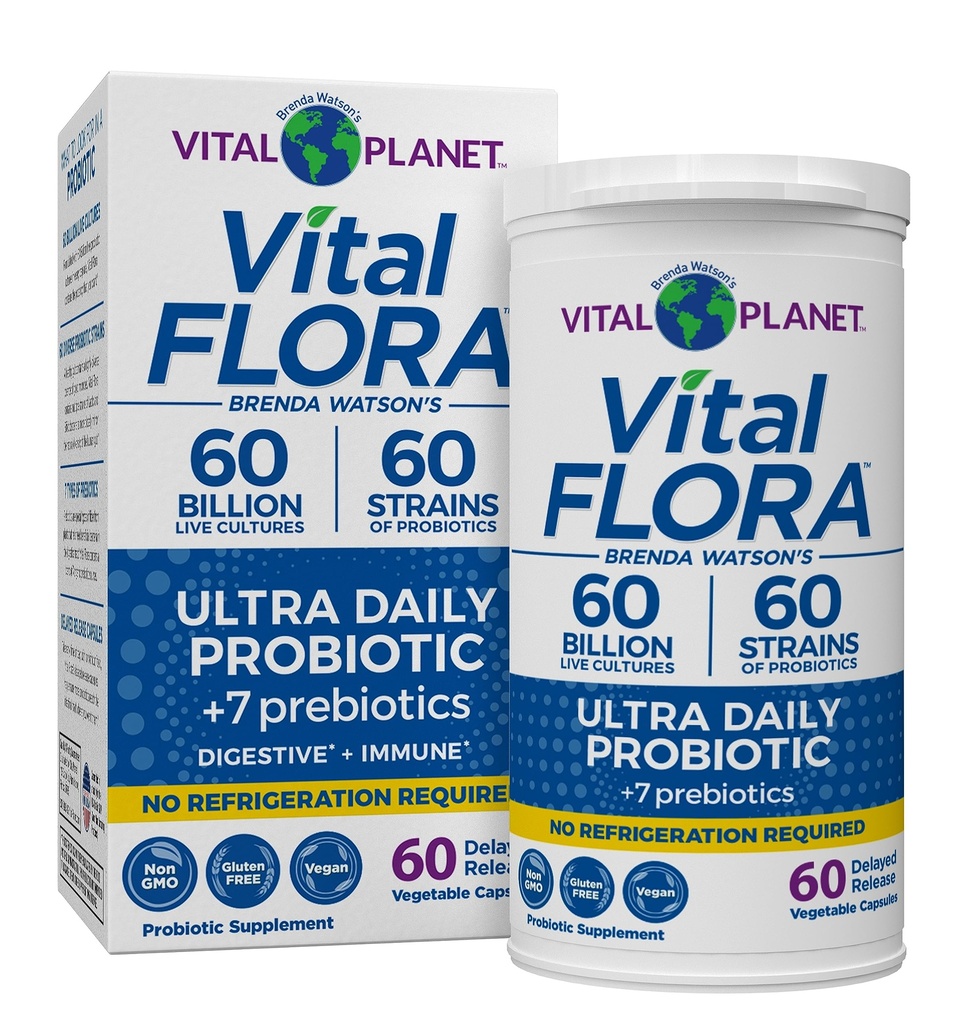 Vital Planet - Vital Flora Ultra Daily Probiotic 60 Million CFU, 60 souches diverses, 7 prébiotiques organiques, soutien immunitaire, digestive du plateau de santé probiotiques stables pour les femmes et les hommes 60 capsules