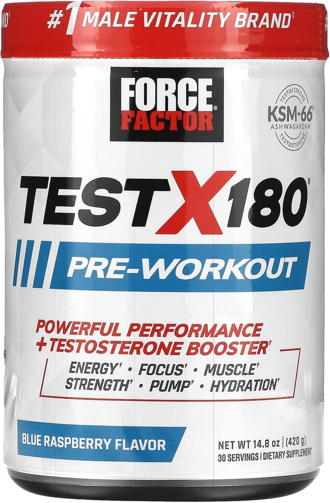 FORCE FACTOR Test X180 Pre-Workout Powder & Energy Supplement, Boost Focus & Endurance, Build Muscle & Strength, Supplément à oxyde nitrique avec Ashwagandaha & L-Citrulline, Blue Raspberry, 30 portions