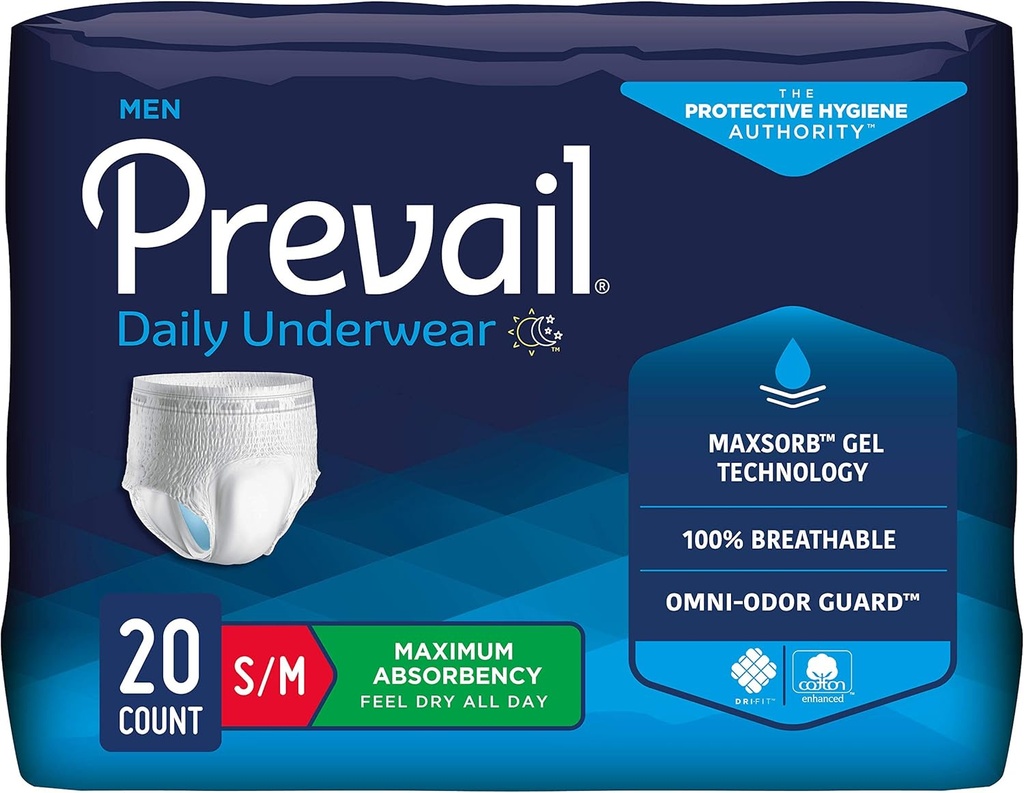 Prévail - Sous-vêtements de protection pour hommes - Sous-vêtements d'incontinence pour traction - Couche jetable pour adulte - Absorbance maximale - Petite / Moyenne - 20 Compte