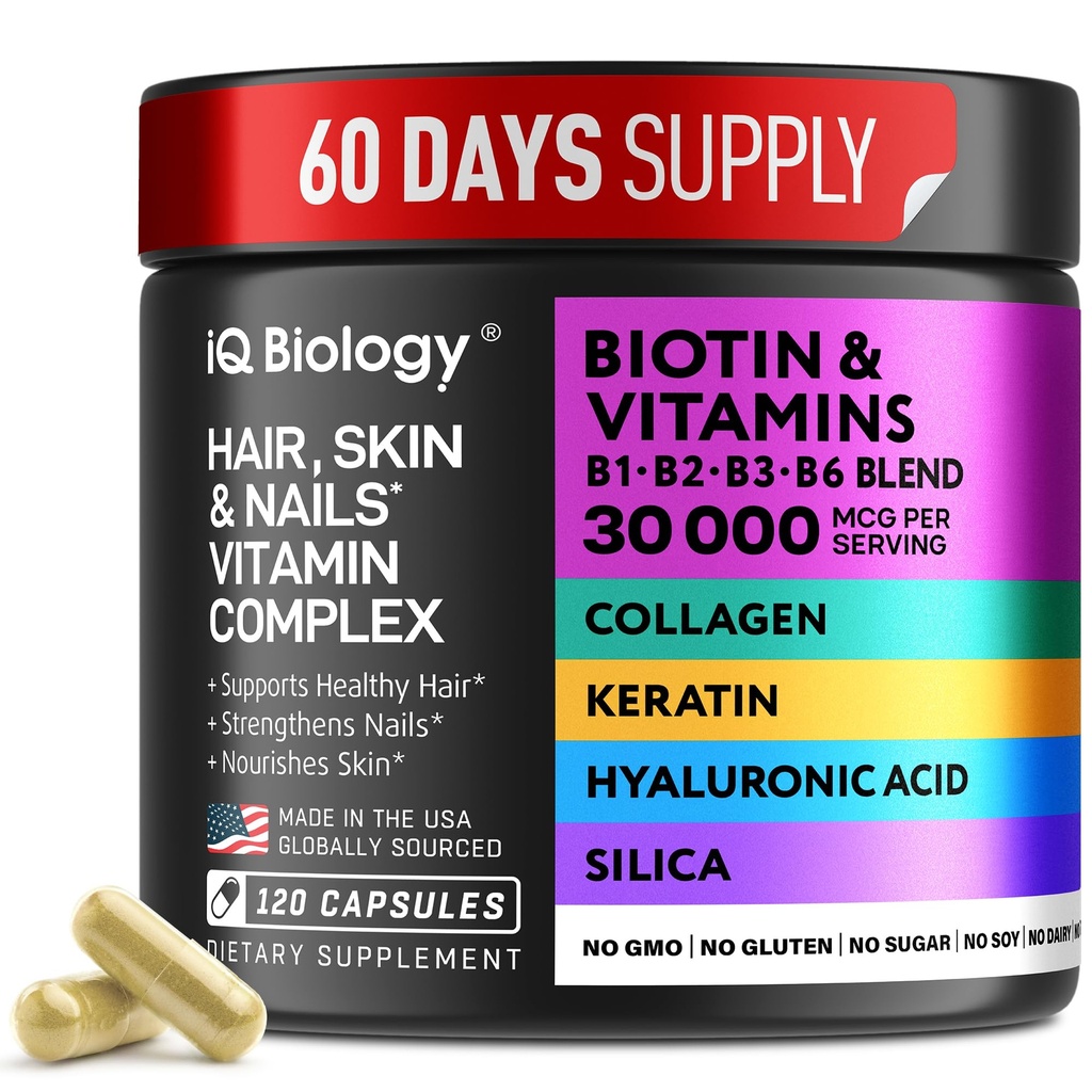 Biotine pour les femmes et les hommes de croissance des cheveux avec kératine, Collagen Complex 30000 mcg – Capsules pour la perte de cheveux et l'épaisseur plus forte – Peau et ongles vitamines, Biotine 10000mcg et collagène suppléments - 120 pilules