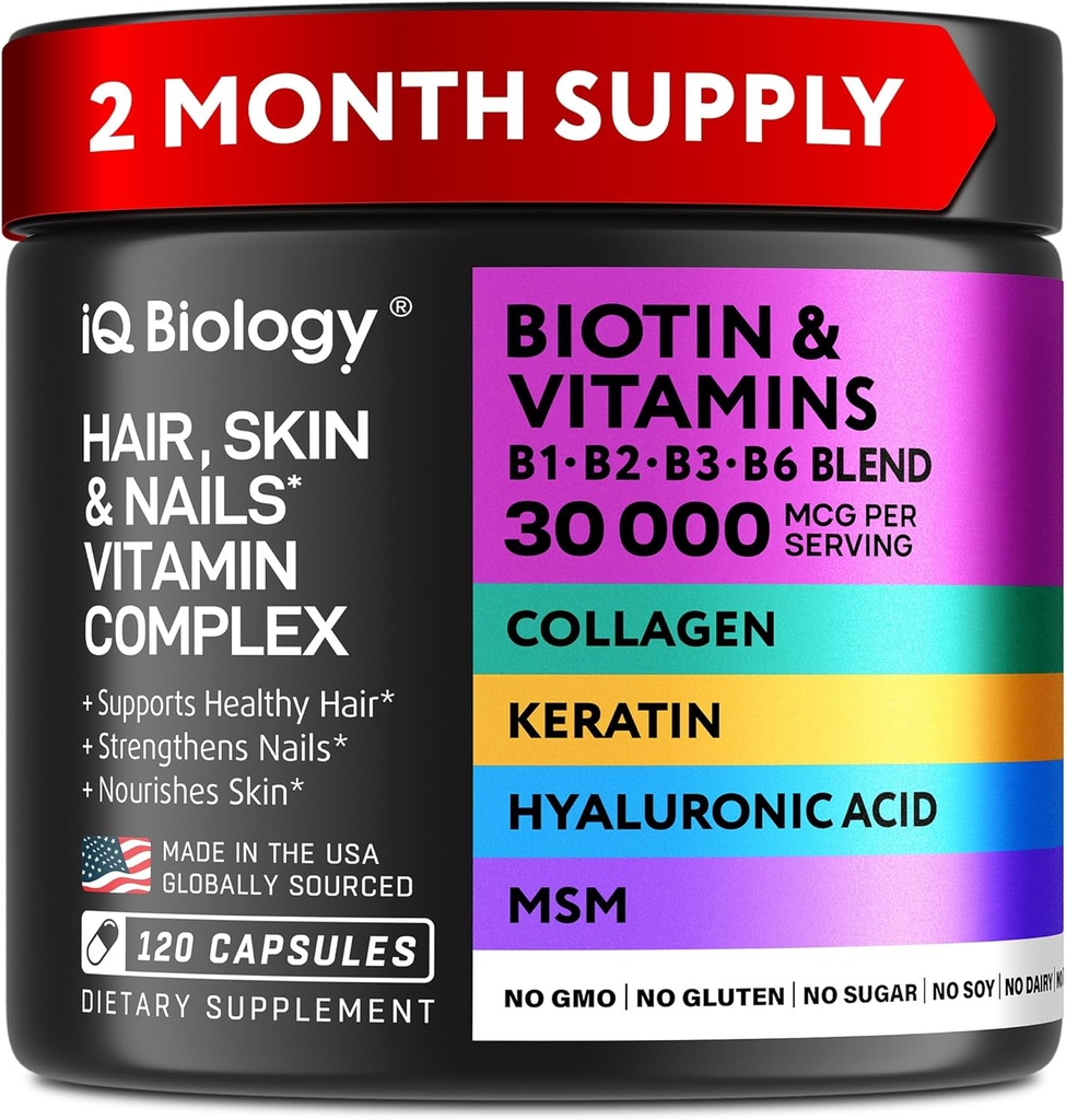 Biotine pour les femmes et les hommes de croissance des cheveux avec kératine, Collagen Complex 30000 mcg – Capsules pour la perte de cheveux et l'épaisseur plus forte – Peau et ongles vitamines, Biotine 10000mcg et collagène suppléments - 120 pilules