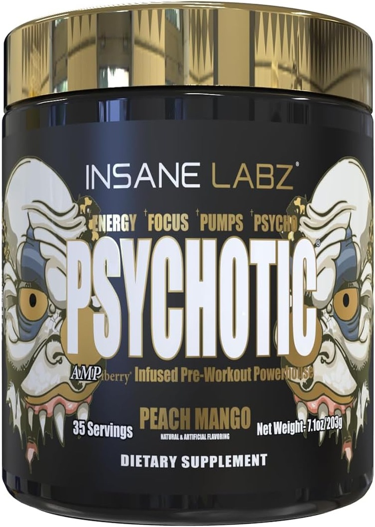Insane Labz Or psychotique, poudre de pré-entraînement stimulante, énergie latente extrême, pompes et endurance avec Beta Alanine, DMAE Bitartrate, NO Booster (35 portions, Peach Mango)
