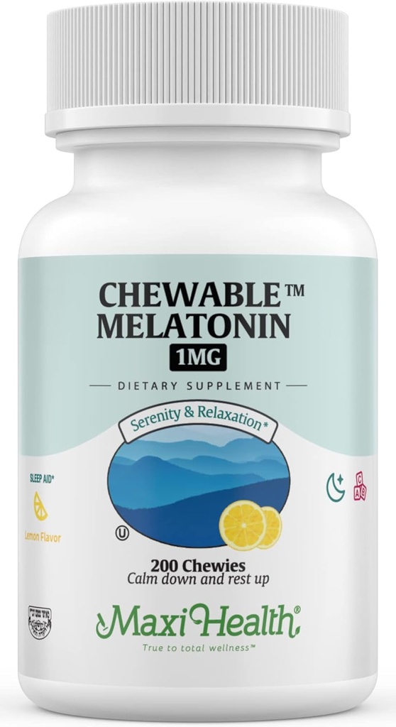Maxi Health Chewable Melatonin, Kosher Lemon Flavor, Melatonin pour adultes et enfants, Aide naturelle pour adultes et enfants, Melatonin Chewables Alternative à Melatonin Gummies Kids Dose, (200 comte)