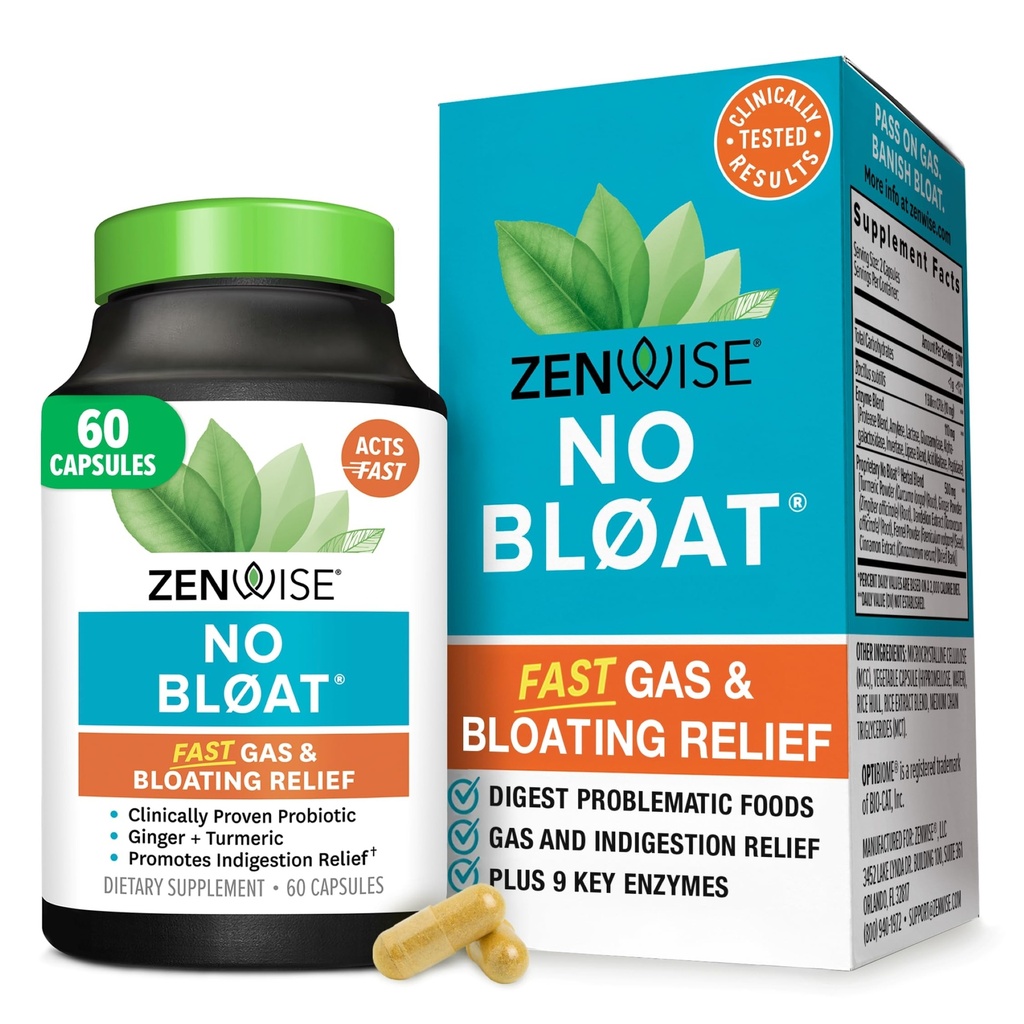 Zenwise Health No Bloat Enzymes digestifs pour Gut Health, Gas & Bloating Relief - Supplément digestion multienzymes avec probiotiques, gingembre, dandelion curcuma et lactase - Hommes et femmes - 60 Comte