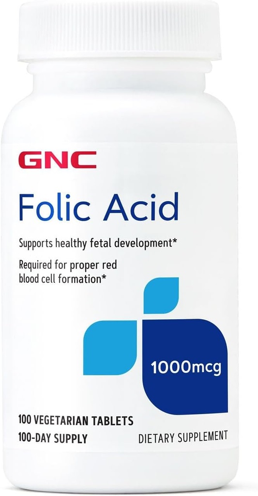 GNC Folic Acid 1000mcg, soutient le développement foetal sain, nécessaire pour une bonne formation de globules rouges, formule végétarienne, 100 Compte