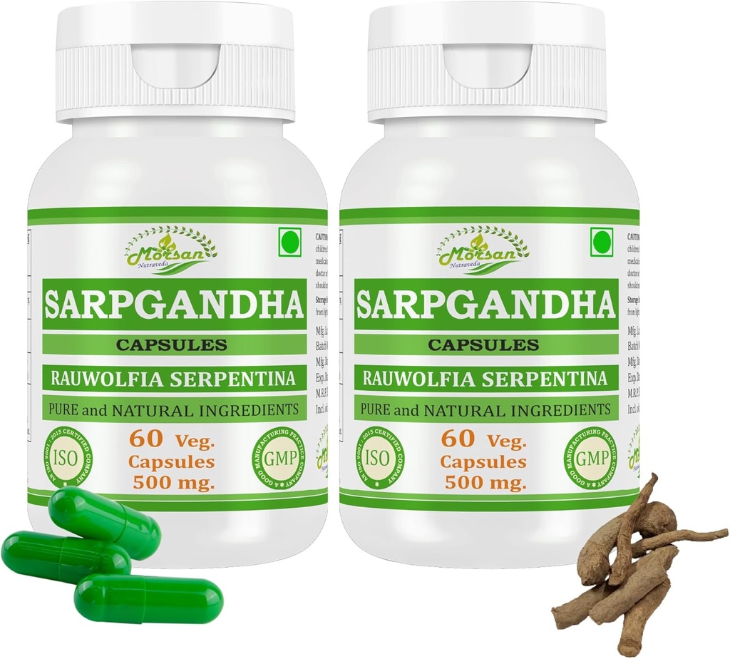 Morsan Nutravedas Rauwolfia Serpentina (Sarpgandha, Sarpagandha) Capsules d'extraits de la plus haute puissance, 100 % de produits à base de plantes.