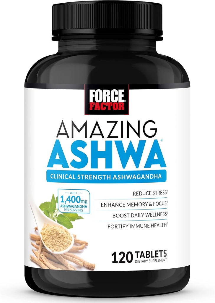 FACTEUR DE FORCE Amazing Ashwa, KSM-66 Ashwagandha Supplément pour le soulagement du stress, Focus, Mémoire, Soutien immunitaire, avec vitamines, minéraux et antioxydants, Suppléments de cortisol pour les femmes, 120 comprimés