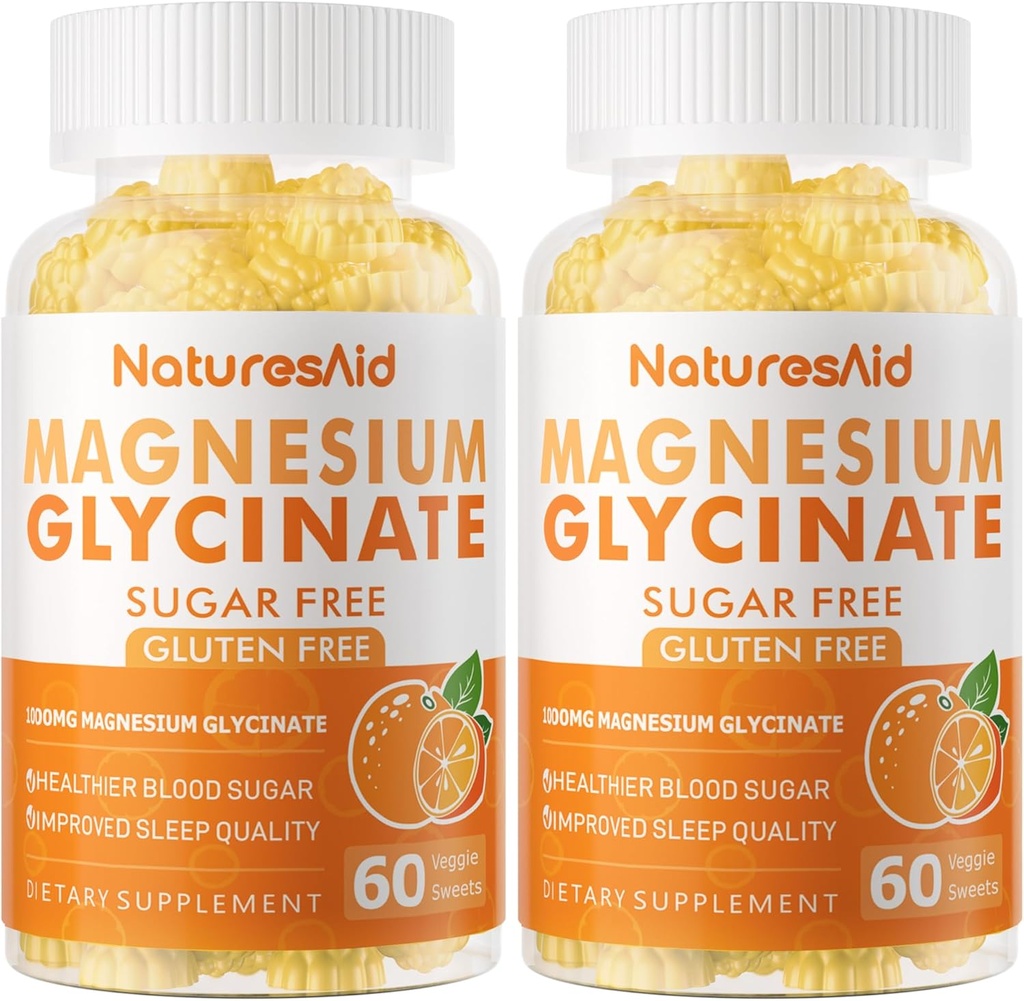 Glycinat de magnésium Gommies 1000mg - Supplément de potassium de magnésium sans sucre avec vitamine D, B6, CoQ10 pour l'humeur calme et le soutien du sommeil - 120 Gommies orange -2 Pack