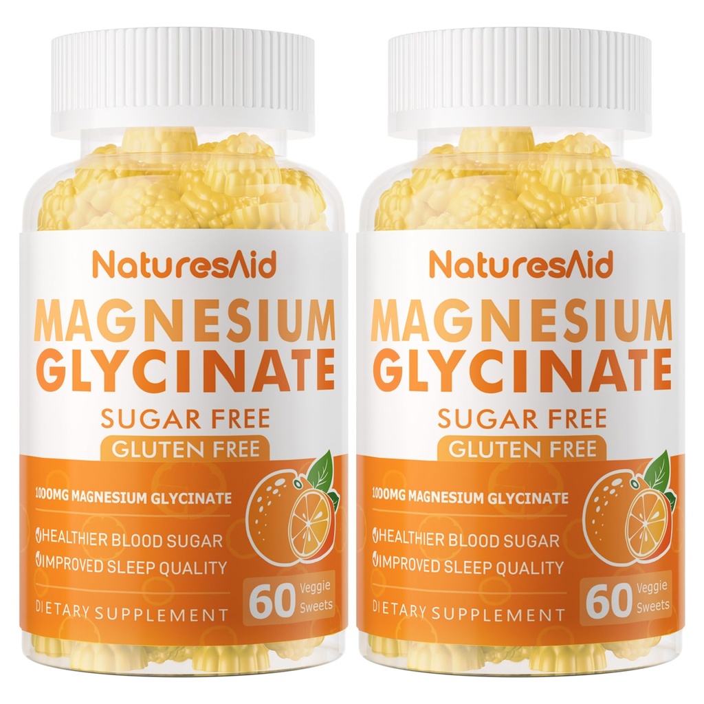 Magnesium Glycinate Gummies 1000mg - Sugar Free Magnesium Potassium Supplement with Vitamin D, B6, CoQ10 for Calm Mood & Sleep Support - 120 Orange Gummies -2 Pack