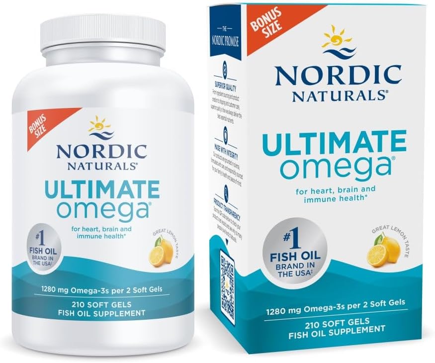 Nordic Naturals Ultimate Omega, Lemon Flavor - 210 gels mous - 1280 mg Omega-3 - Huile de poisson de haute puissance avec EPA et DHA - Promotion de la santé cérébrale et cardiaque - Non-OGM - 105 portions