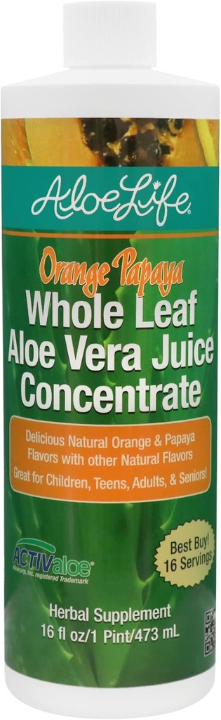 Aloe Life - Feuille entière Aloe Vera Juic, certifié biologique, sans gluten (Orange Papaya, 16 oz)