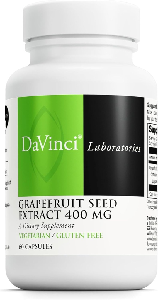 DAVINCI Labs Extrait de graines de pamplemousse 400 mg - Soutien GI & Gut digestif Santé - Sans gluten, végétarien - 60 capsules (30 jours de réserve)
