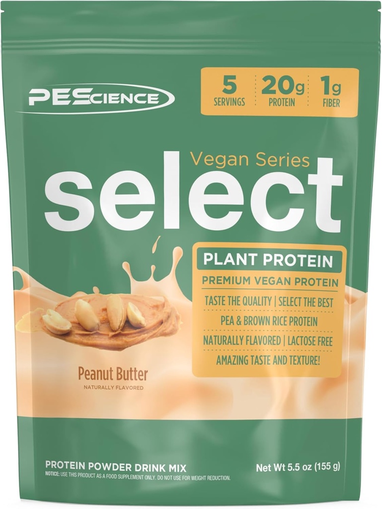 PEScience Select Poudre de protéines végétales, Poudre de protéines végétales, goût incroyable, texture lisse, mélange de riz d'arachide et de brun, sans lait, sans lactose, sans gluten - beurre d'arachide, 5 portions