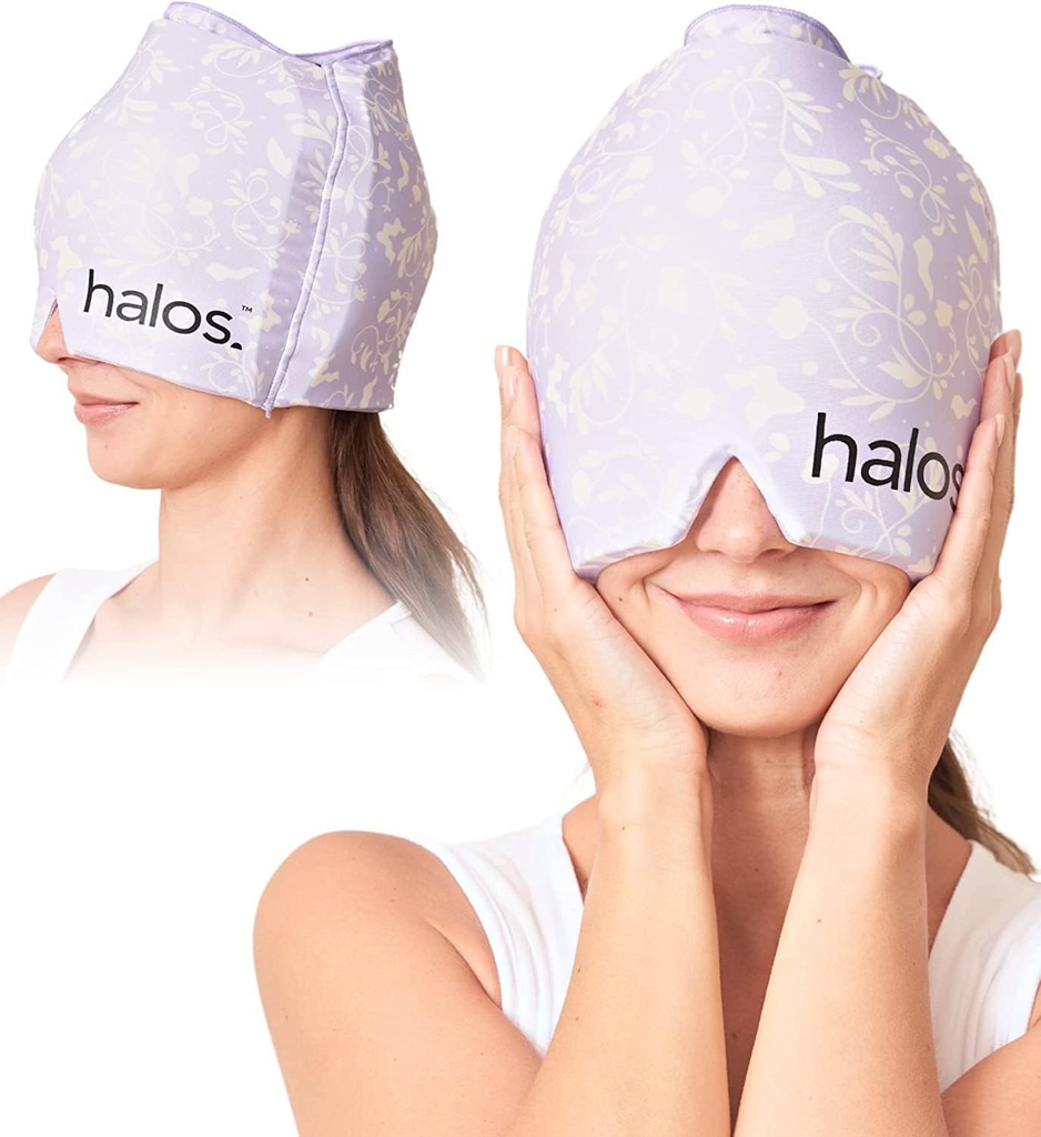 MyHalos® migraine Relief Cap, 30% Thicker, 2X Plus de gel de refroidissement, reste plus froid pour plus longtemps, forme encastrant le chapeau de glace, Ice Pack Head Wrap Relief, Tension Headache Relief Cap (Violet)