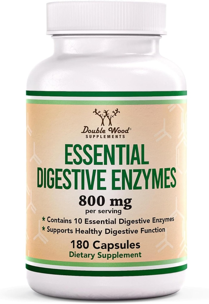 Enzymes digestifs - 800mg Mélange des 10 enzymes digestives et pancréatiques les plus essentielles (amylase, lipase, bromelain, lactase, papaine, protéase, cellulase, maltaise, invertase) par Double Wood