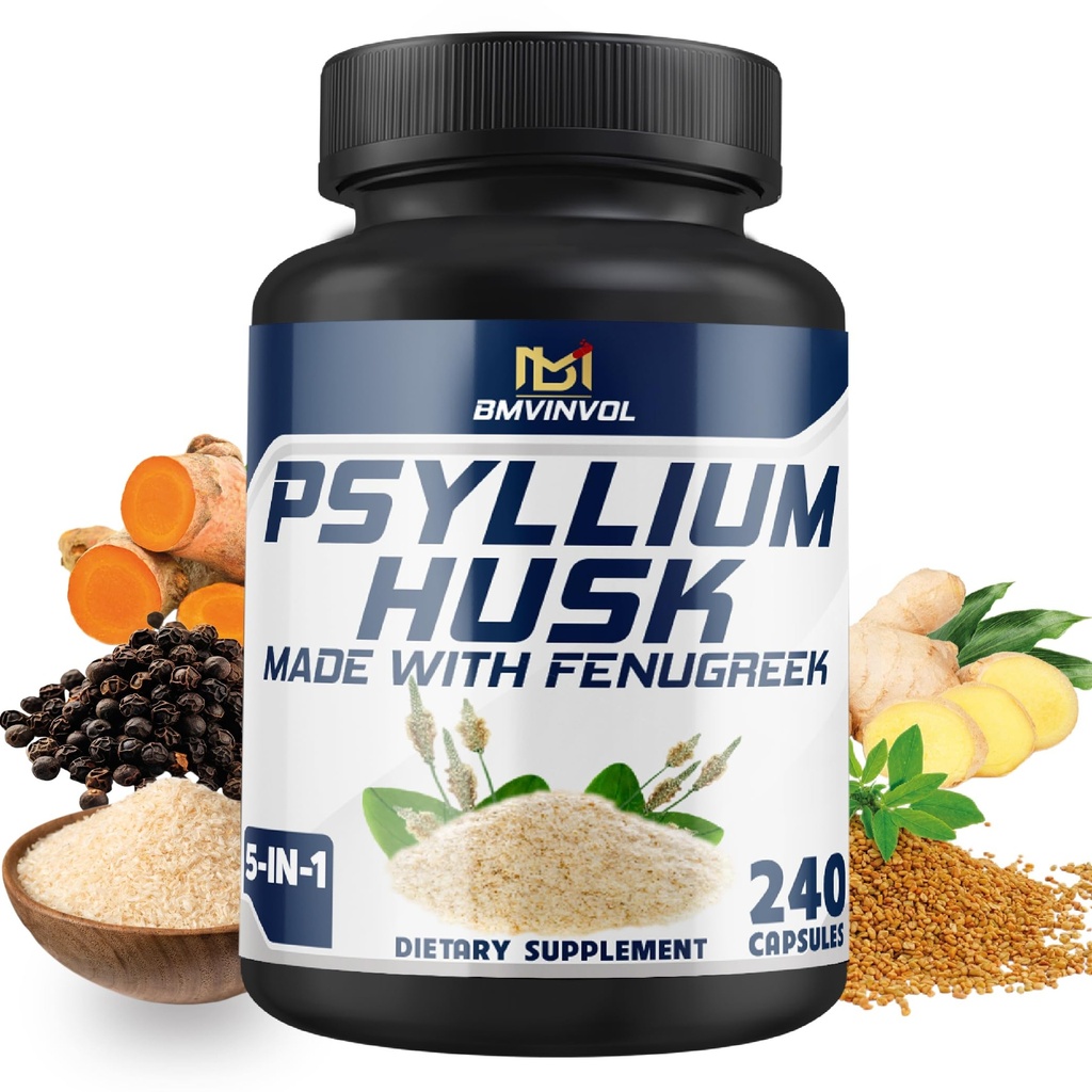 BMVINVOL Psyllium Husk Capsules Supplément de fibre avec Fenugreek, Turmeric, Ginger, Black Pepper - Support Système digestif, Santé intestinale - 240 Compte pour 4 mois d'approvisionnement