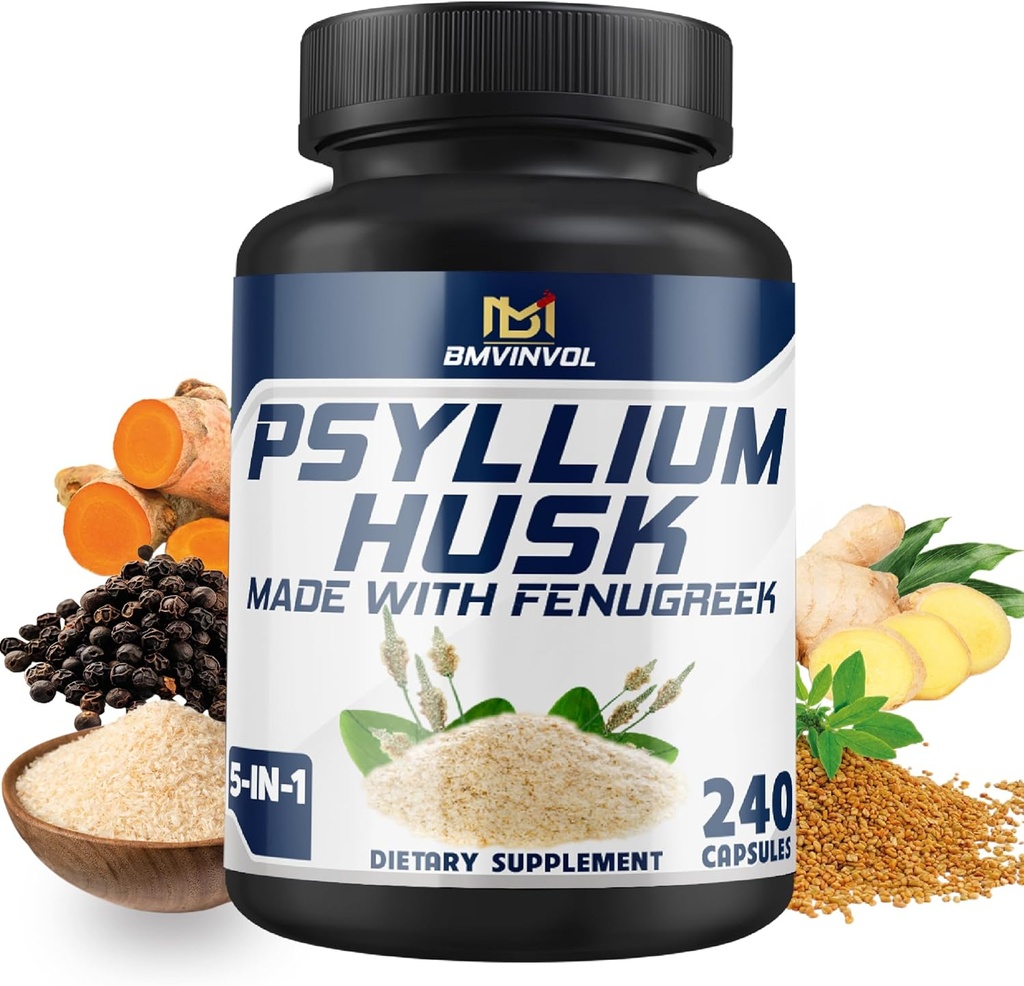 BMVINVOL Psyllium Husk Capsules Supplément de fibre avec Fenugreek, Turmeric, Ginger, Black Pepper - Support Système digestif, Santé intestinale - 240 Compte pour 4 mois d'approvisionnement