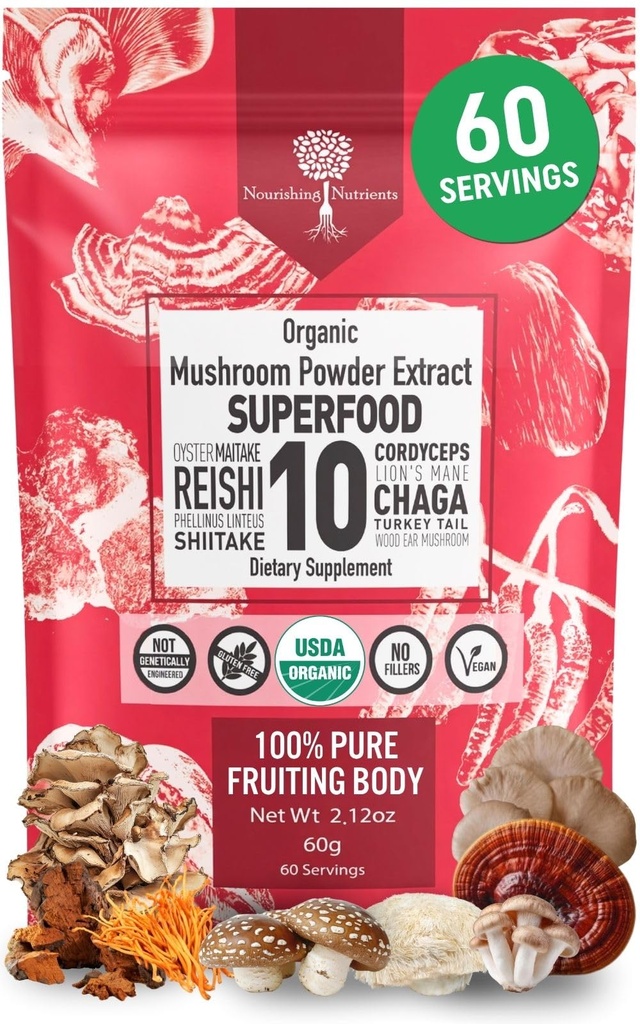 Extrait de Poudre de Champignon Biologique - Superfood 10 Supplément 14x Stronger 100% Pure USDA Immunity Booster- Reishi, Chaga, Cordyceps, Shiitake, Lions Mane, Turkey Tail et plus encore. Ajouter au café/thé 60 grammes