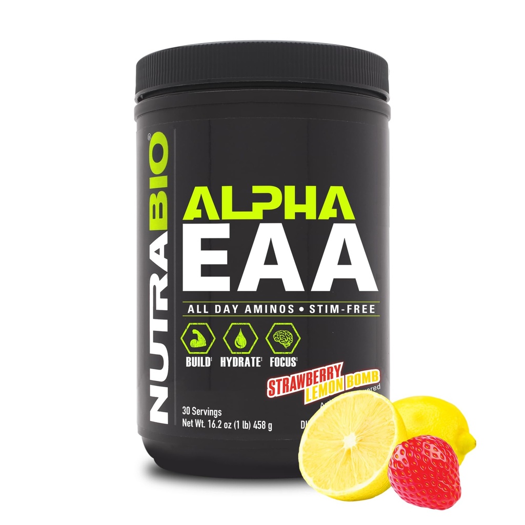 NutraBio Alpha EAA - Acides aminés toute la journée pour la croissance et l'hydratation musculaires - Acides aminés essentiels avec nootropiques et adaptogènes- Plein spectre EAA BCAA Poudre - 30 portions - Citron fraisier