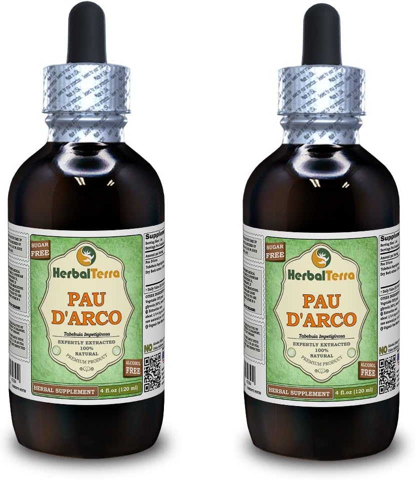 PAU d'arco (Tabebuia Impetiginosa) Glycérite, extrait liquide sans alcool séché (marque: HerbalTerra, fièrement fabriqué aux États-Unis) 2x4 fl.oz (2x120 ml)