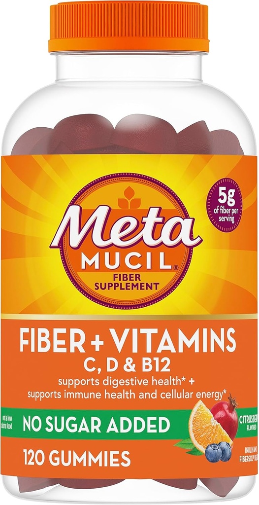 Gommies de fibre de métamucil pour les adultes avec des vitamines C, D, B12 pour le métabolisme, Pas de sucre ajouté Citrus Berry Flavor, 5g à base de plantes de supplément de fibre prébiotique, 120 Compte