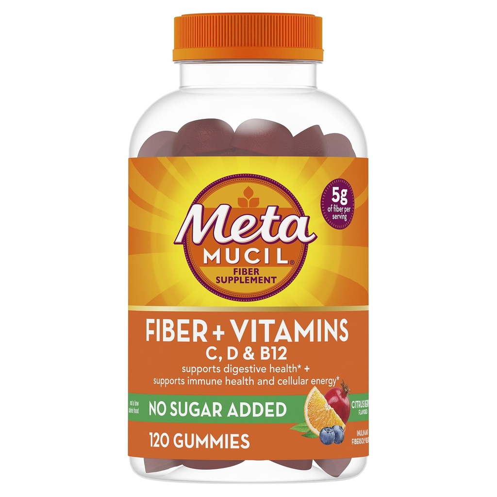 Gommies de fibre de métamucil pour les adultes avec des vitamines C, D, B12 pour le métabolisme, Pas de sucre ajouté Citrus Berry Flavor, 5g à base de plantes de supplément de fibre prébiotique, 120 Compte