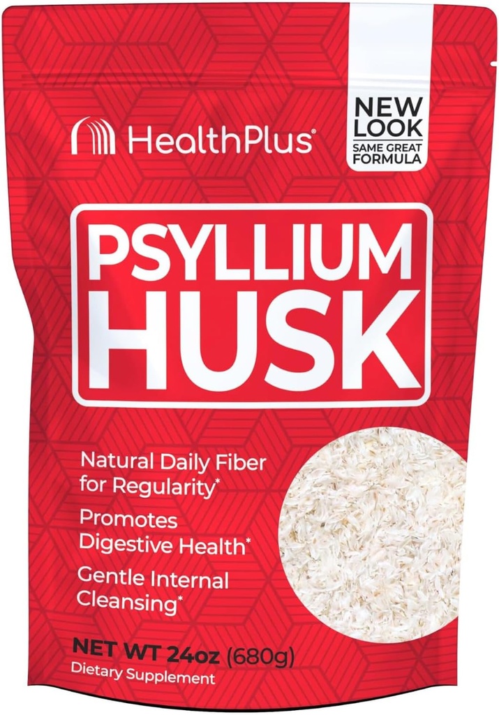Health Plus, Psyllium Husk, 24 oz, 96 portions - Détox naturel, supplément de fibre alimentaire quotidienne, soulagement de la constipation, nettoyage doux de la gueule, cuisson kéto