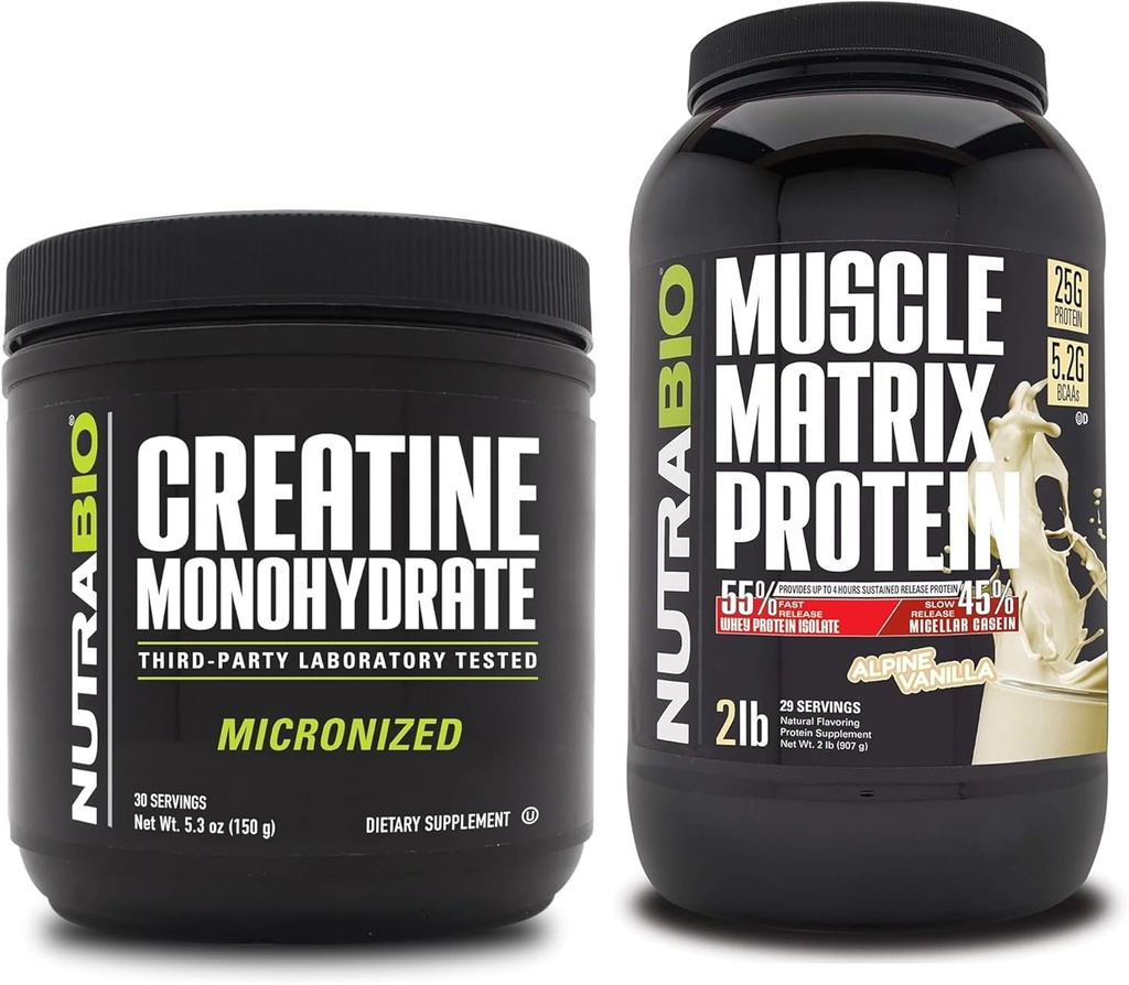 NutraBio Creatine monohydratée, non aromatisée, (150 g) et poudre de protéines de matrice musculaire, (Vanilla) supplément de mélange – énergie musculaire, croissance maximale, récupération et force
