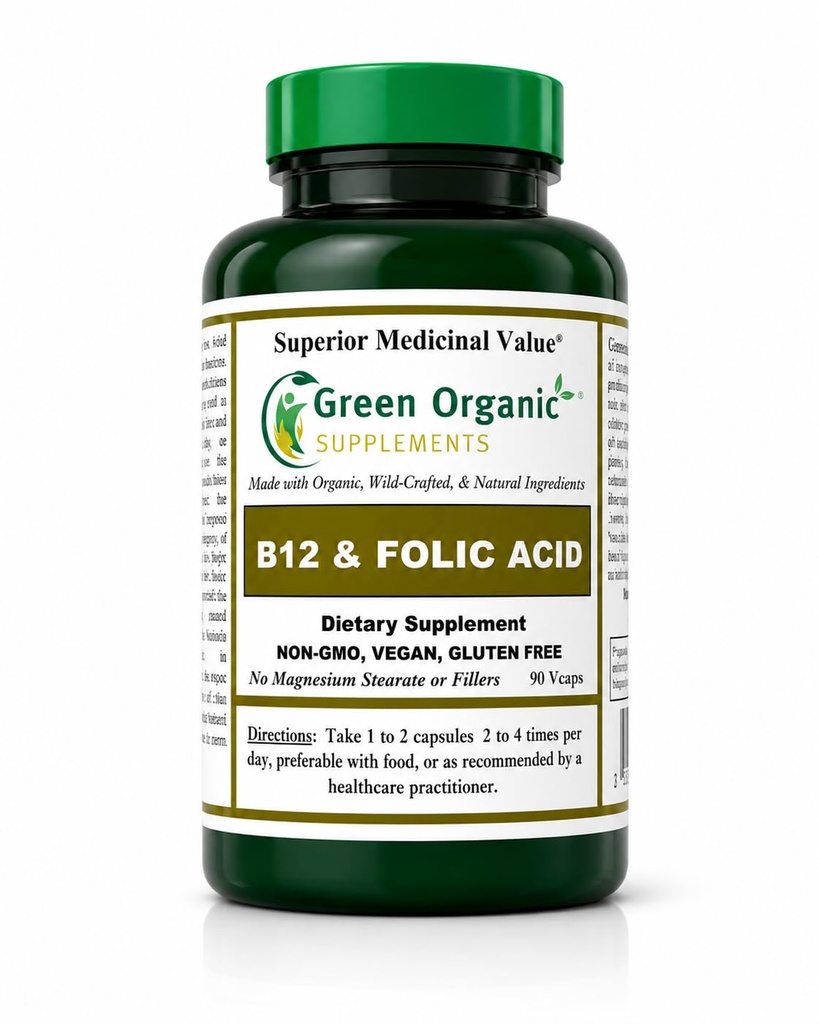 Suppléments organiques verts (paquet 1) vitamine B12 & acide folique, 1000mcg, 90 VCaps, fabriqués à la main, végétalien, non OGM, soutient le fonctionnement du système nerveux, et l'intégrité de la peau, des cheveux et du foie