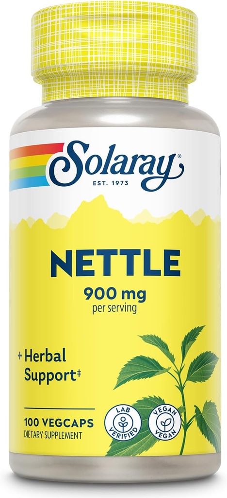 SOLARAY Nettle 900 mg - Supplément à la feuille de nettle biologique - Soutien au rein, à l'urine et à la prostate - Usage traditionnel pour la réponse à l'allergie et le mieux-être respiratoire - Vegan - 50 portions, 100 VegCaps