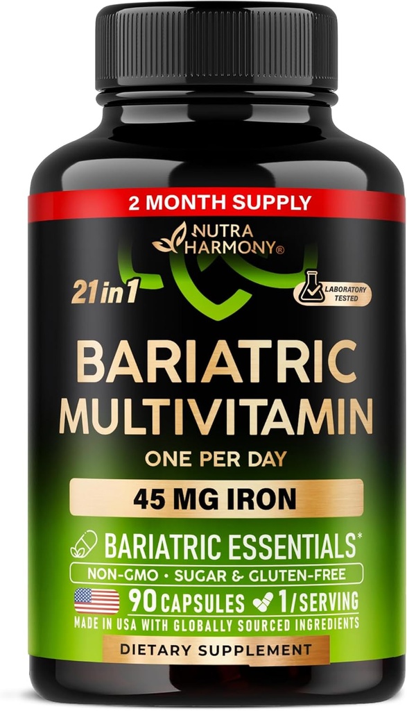 Multivitamine bariatrique - Suppléments en fer de 45 mg - Fabriqués aux États-Unis - pour les femmes et les hommes - Vitamines essentielles tout-en-un, 21 - Soutien des manches gastriques - Sans sucre, gluten et soja - 90 capsules, une fois par jour